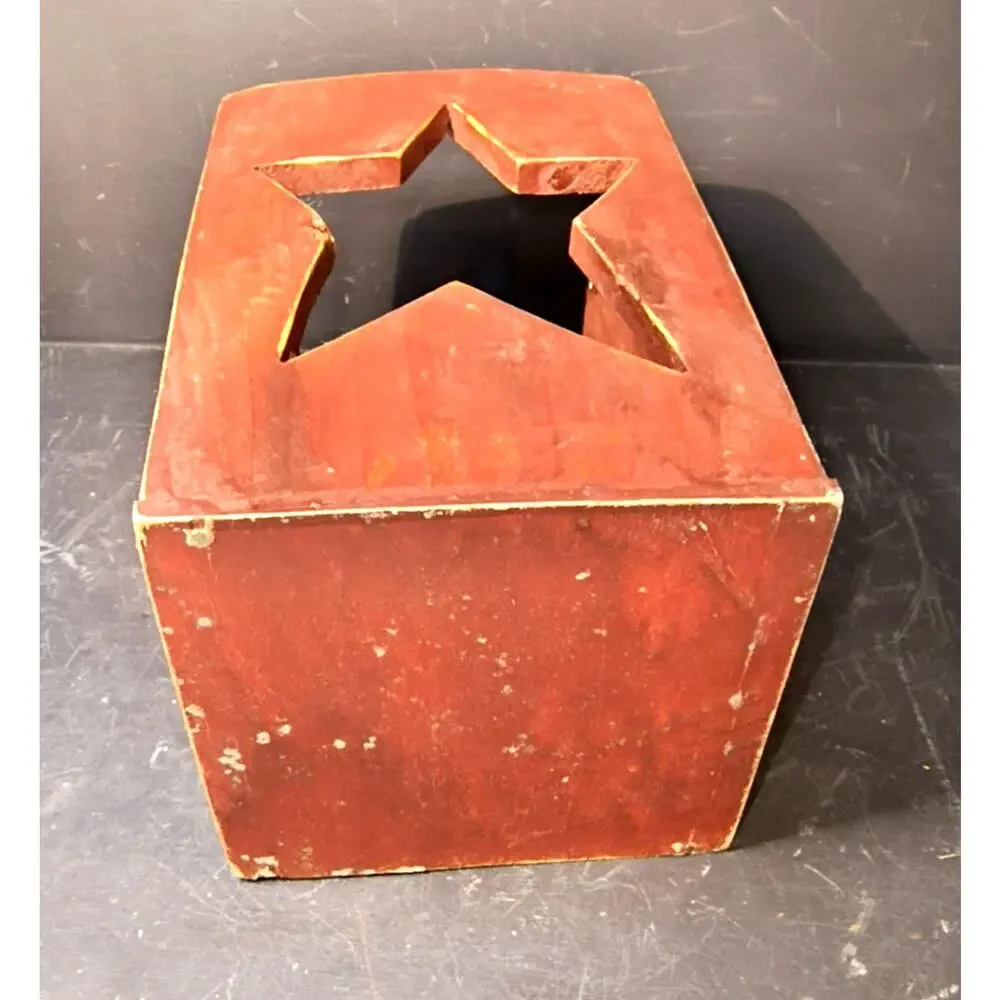 2000.  Rustic Red Wooden Lantern Candle Box Primitive Folk Art Star Cut Out